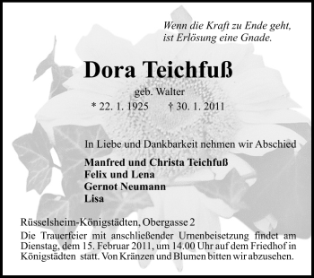 Traueranzeige von Dora Teichfuß von Rüsselsheimer Echo, Groß-Gerauer-Echo, Ried Echo