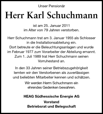 Traueranzeige von Karl Schuchmann von Darmstädter Echo, Odenwälder Echo, Rüsselsheimer Echo, Groß-Gerauer-Echo, Ried Echo