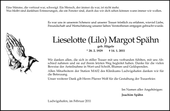 Traueranzeige von Lieselotte Margot Spähn von Darmstädter Echo, Odenwälder Echo, Rüsselsheimer Echo, Groß-Gerauer-Echo, Ried Echo