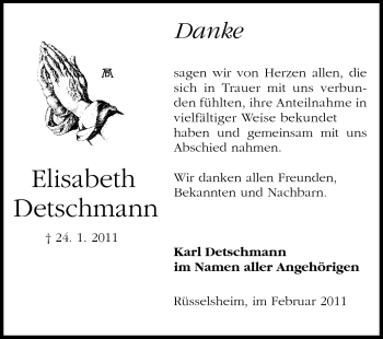 Traueranzeige von Elisabeth Detschmann von Rüsselsheimer Echo, Groß-Gerauer-Echo, Ried Echo