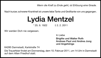 Traueranzeige von Lydia Mentzel von Echo-Zeitungen (Gesamtausgabe)