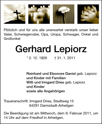 Traueranzeige von Gerhard Lepiorz von Echo-Zeitungen (Gesamtausgabe)