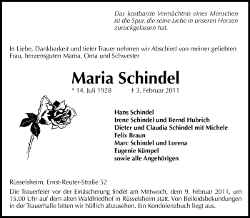 Traueranzeige von Maria Schindel von Rüsselsheimer Echo, Groß-Gerauer-Echo, Ried Echo