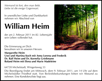 Traueranzeige von William Heim von Odenwälder Echo