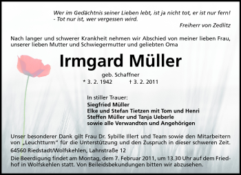 Traueranzeige von Irmgard Müller von Rüsselsheimer Echo, Groß-Gerauer-Echo, Ried Echo