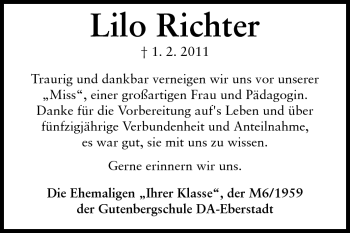 Traueranzeige von Lilo Richter von Darmstädter Echo, Odenwälder Echo, Rüsselsheimer Echo, Groß-Gerauer-Echo, Ried Echo