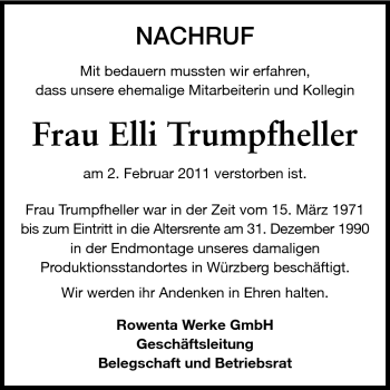 Traueranzeige von Elli Trumpfheller von Odenwälder Echo