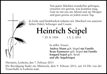 Traueranzeige von Heinrich Seipel von Rüsselsheimer Echo, Groß-Gerauer-Echo, Ried Echo