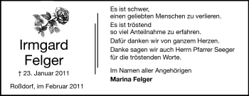 Traueranzeige von Irmgard Felger von Darmstädter Echo, Odenwälder Echo, Rüsselsheimer Echo, Groß-Gerauer-Echo, Ried Echo
