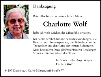 Traueranzeige von Charlotte Wolf von Darmstädter Echo, Odenwälder Echo, Rüsselsheimer Echo, Groß-Gerauer-Echo, Ried Echo