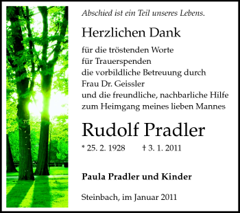 Traueranzeige von Rudolf Pradler von Odenwälder Echo