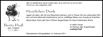 Traueranzeige von Berta Preß von Rüsselsheimer Echo, Groß-Gerauer-Echo, Ried Echo