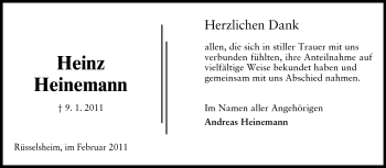 Traueranzeige von Heinz Heinemann von Rüsselsheimer Echo, Groß-Gerauer-Echo, Ried Echo