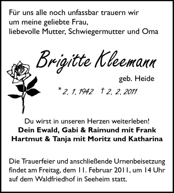 Traueranzeige von Brigitte Kleemann von Echo-Zeitungen (Gesamtausgabe)