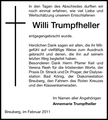 Traueranzeige von Willi Trumpfheller von Odenwälder Echo
