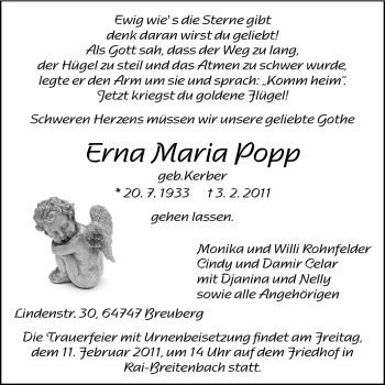 Traueranzeige von Erna Maria Popp von Odenwälder Echo