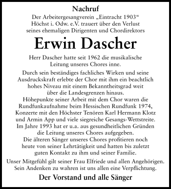Traueranzeige von Erwin Dascher von Odenwälder Echo