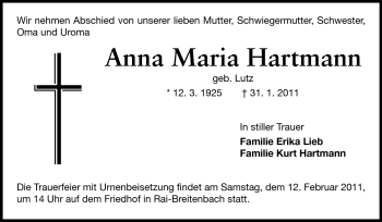 Traueranzeige von Anna Maria Hartmann von Odenwälder Echo