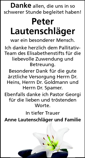 Traueranzeige von Peter Lautenschläger von Echo-Zeitungen (Gesamtausgabe)