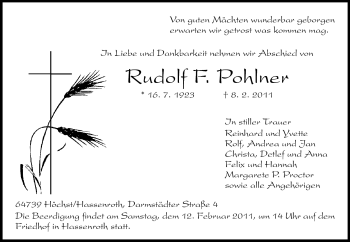 Traueranzeige von Rudolf F. Pohlner von Echo-Zeitungen (Gesamtausgabe)