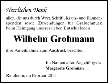 Traueranzeige von Wilhelm Grohmann von Darmstädter Echo, Odenwälder Echo, Rüsselsheimer Echo, Groß-Gerauer-Echo, Ried Echo