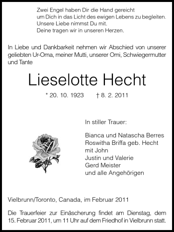 Traueranzeige von Liselotte Hecht von Odenwälder Echo