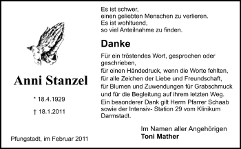 Traueranzeige von Anni Stanzel von Echo-Zeitungen (Gesamtausgabe)