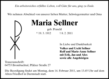 Traueranzeige von Maria Sellner von Darmstädter Echo, Odenwälder Echo, Rüsselsheimer Echo, Groß-Gerauer-Echo, Ried Echo