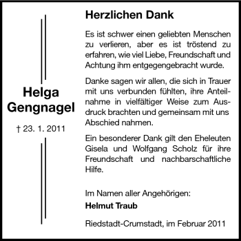 Traueranzeige von Helga Gengnagel von Echo-Zeitungen (Gesamtausgabe)