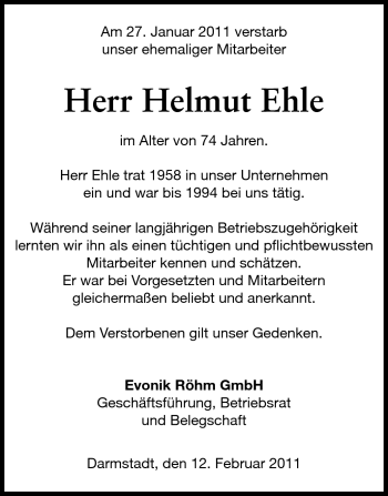 Traueranzeige von Helmut Ehle von Echo-Zeitungen (Gesamtausgabe)