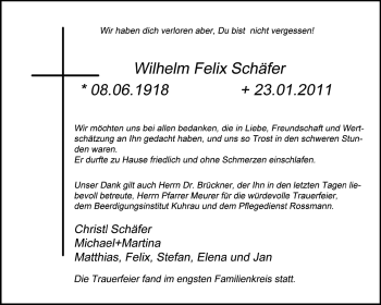 Traueranzeige von Wilhelm Felix  Schäfer von Starkenburger Echo, Bergsträßer Anzeiger