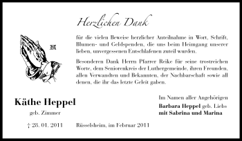 Traueranzeige von Käthe Heppel von Rüsselsheimer Echo, Groß-Gerauer-Echo, Ried Echo