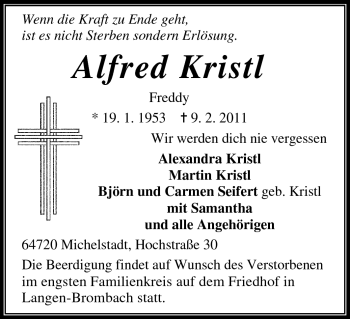 Traueranzeige von Alfred Kristl von Odenwälder Echo