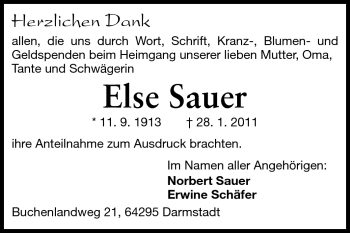 Traueranzeige von Else Sauer von Darmstädter Echo, Odenwälder Echo, Rüsselsheimer Echo, Groß-Gerauer-Echo, Ried Echo