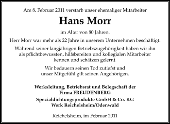 Traueranzeige von Johann Hans Morr von Odenwälder Echo
