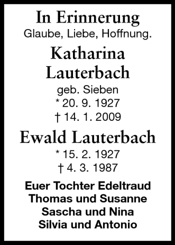 Traueranzeige von Katharina Lauterbach von Darmstädter Echo, Odenwälder Echo, Rüsselsheimer Echo, Groß-Gerauer-Echo, Ried Echo