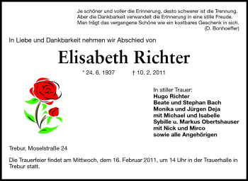 Traueranzeige von Elisabeth Richter von Rüsselsheimer Echo, Groß-Gerauer-Echo, Ried Echo