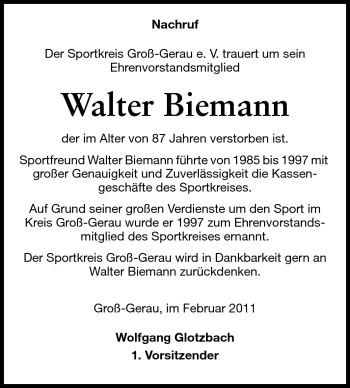 Traueranzeige von Walter Biemann von Rüsselsheimer Echo, Groß-Gerauer-Echo, Ried Echo
