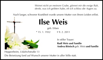 Traueranzeige von Ilse Weis von Starkenburger Echo, Bergsträßer Anzeiger