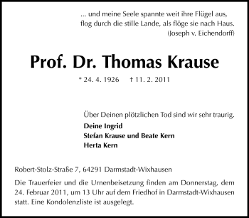 Traueranzeige von Thomas Krause von Darmstädter Echo, Odenwälder Echo, Rüsselsheimer Echo, Groß-Gerauer-Echo, Ried Echo