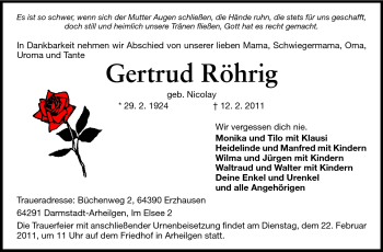 Traueranzeige von Gertrud Röhrig von Darmstädter Echo, Odenwälder Echo, Rüsselsheimer Echo, Groß-Gerauer-Echo, Ried Echo