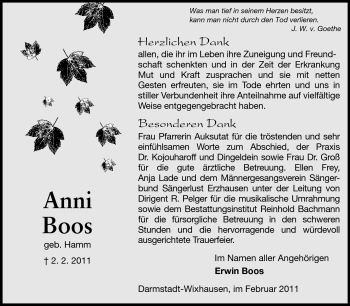 Traueranzeige von Anni Boos von Echo-Zeitungen (Gesamtausgabe)