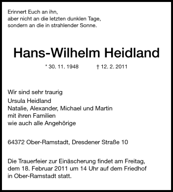 Traueranzeige von Hans-Wilhelm Heidland von Darmstädter Echo, Odenwälder Echo, Rüsselsheimer Echo, Groß-Gerauer-Echo, Ried Echo
