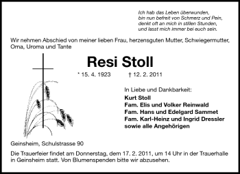 Traueranzeige von Resi Stoll von Rüsselsheimer Echo, Groß-Gerauer-Echo, Ried Echo