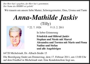 Traueranzeige von Ânna-Mathilde Jaskiv von Odenwälder Echo