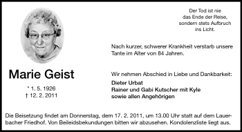 Traueranzeige von Geist Marie von Odenwälder Echo