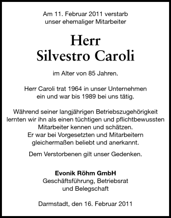 Traueranzeige von Silvestro Caroli von Echo-Zeitungen (Gesamtausgabe)