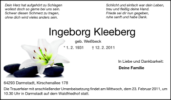 Traueranzeige von Ingeborg Kleeberg von Darmstädter Echo, Odenwälder Echo, Rüsselsheimer Echo, Groß-Gerauer-Echo, Ried Echo