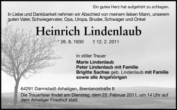 Traueranzeige von Heinrich Lindenlaub von Echo-Zeitungen (Gesamtausgabe)
