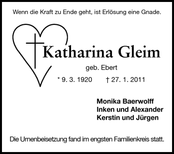 Traueranzeige von Katharina Gleim von Odenwälder Echo